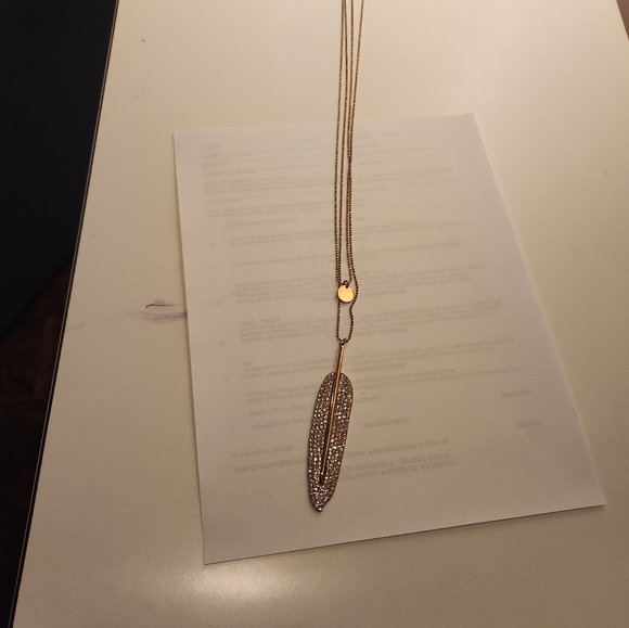 Gold-tone 32" long Crystal Feather Leaf Pendant - Picture 3 of 6